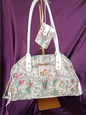 Sharif Floral Print Tote Bag with Cream Trim. EUC